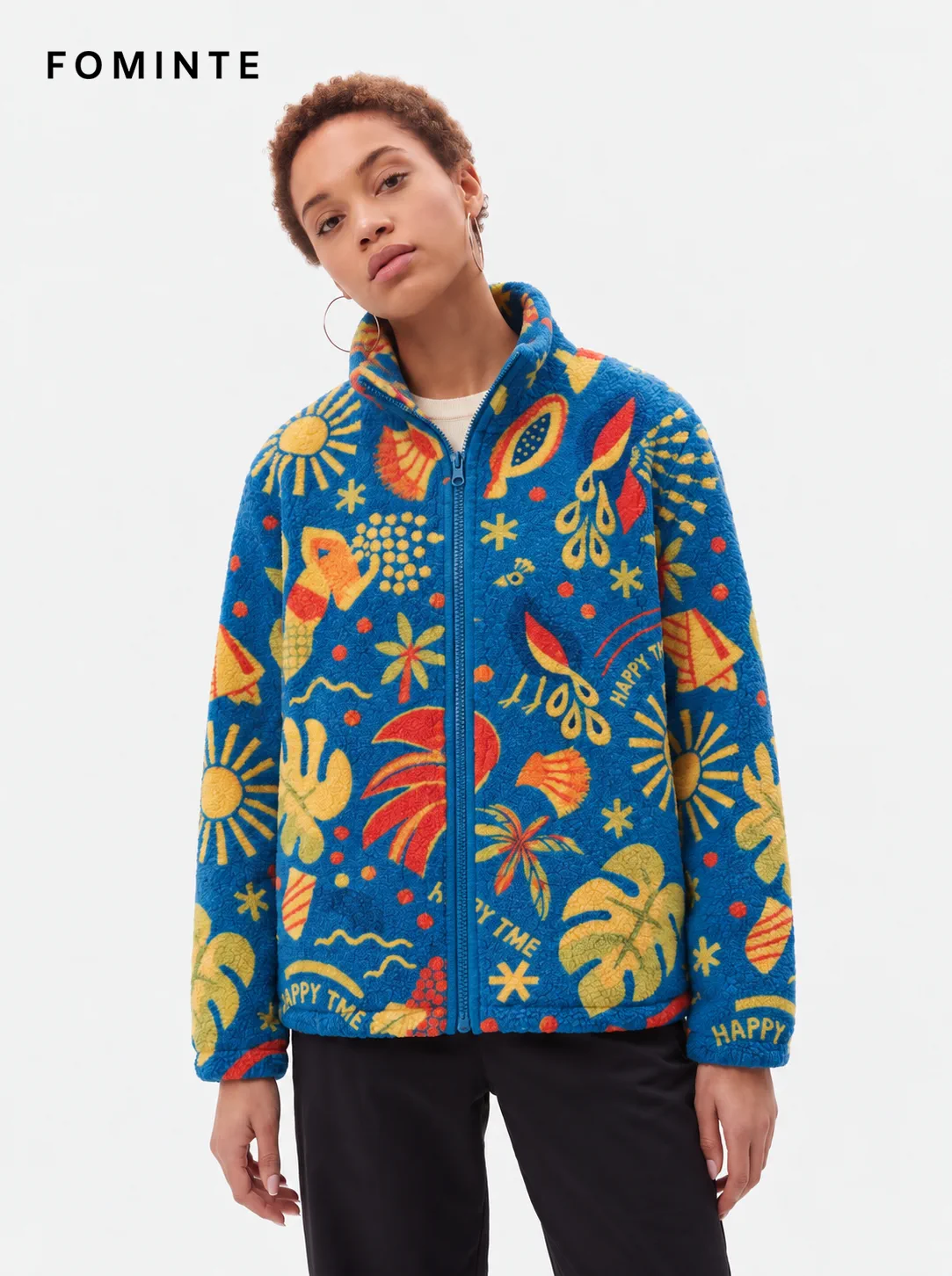 Electric Blue Sunshine Tropical Resort Print Fleece Jacket
