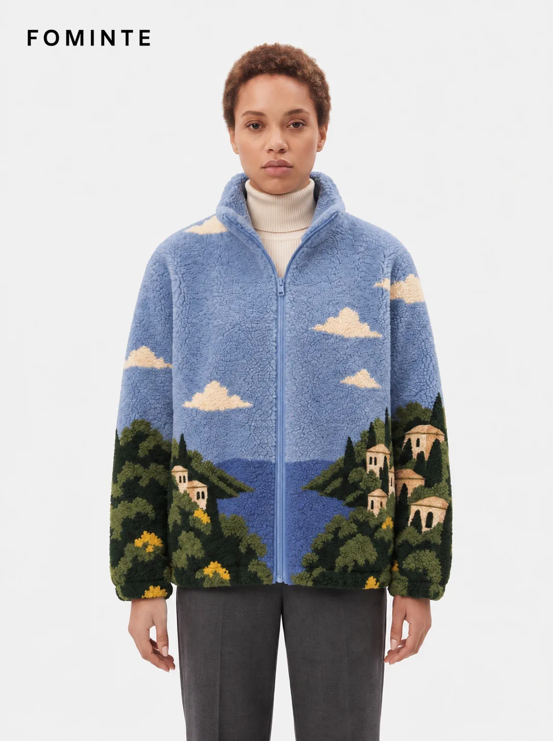 Sky Blue Mediterranean Coastal Villa Landscape Fleece Jacket