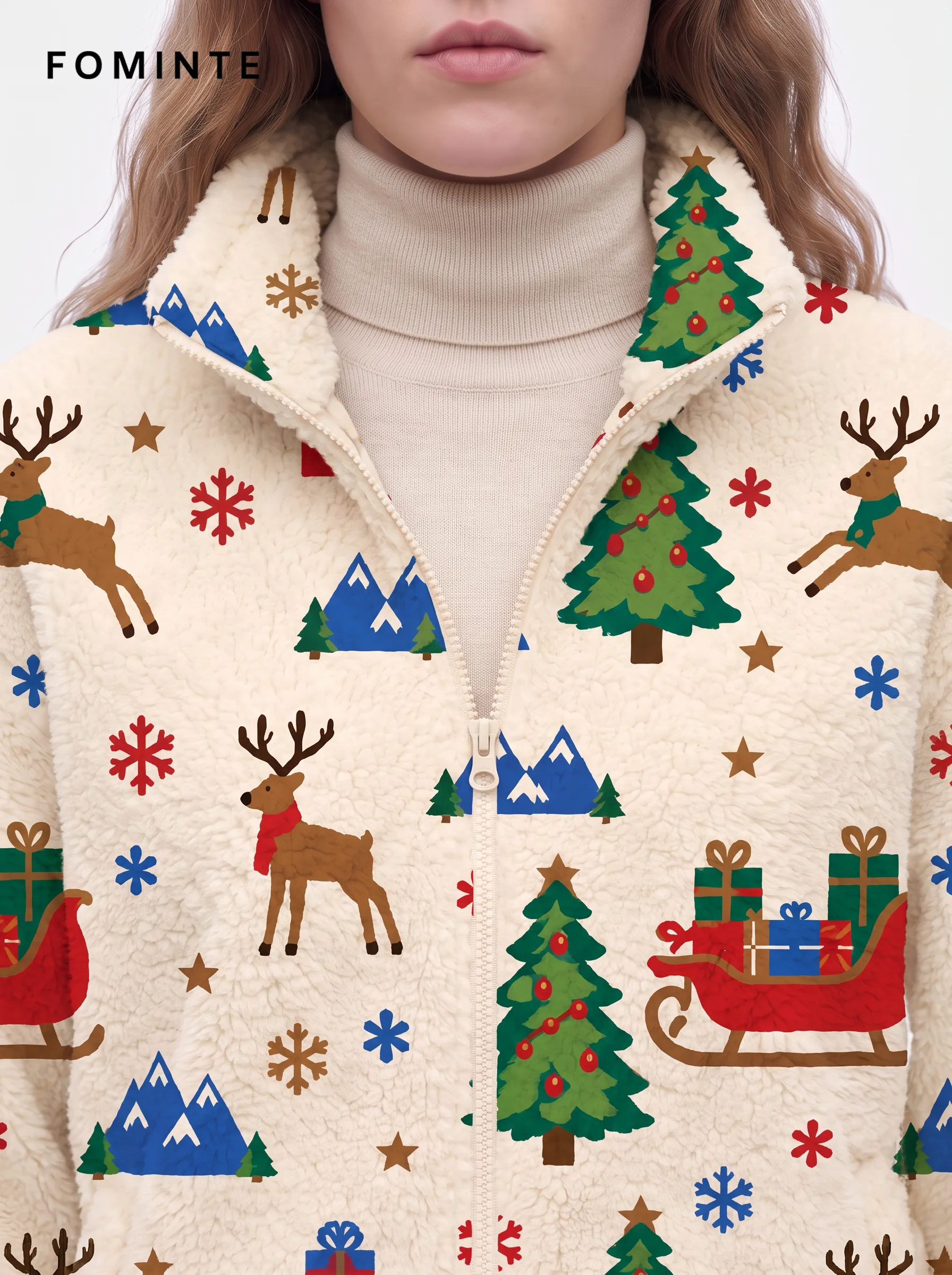 Cream Christmas Reindeer and Forest Holiday Sherpa Jacket