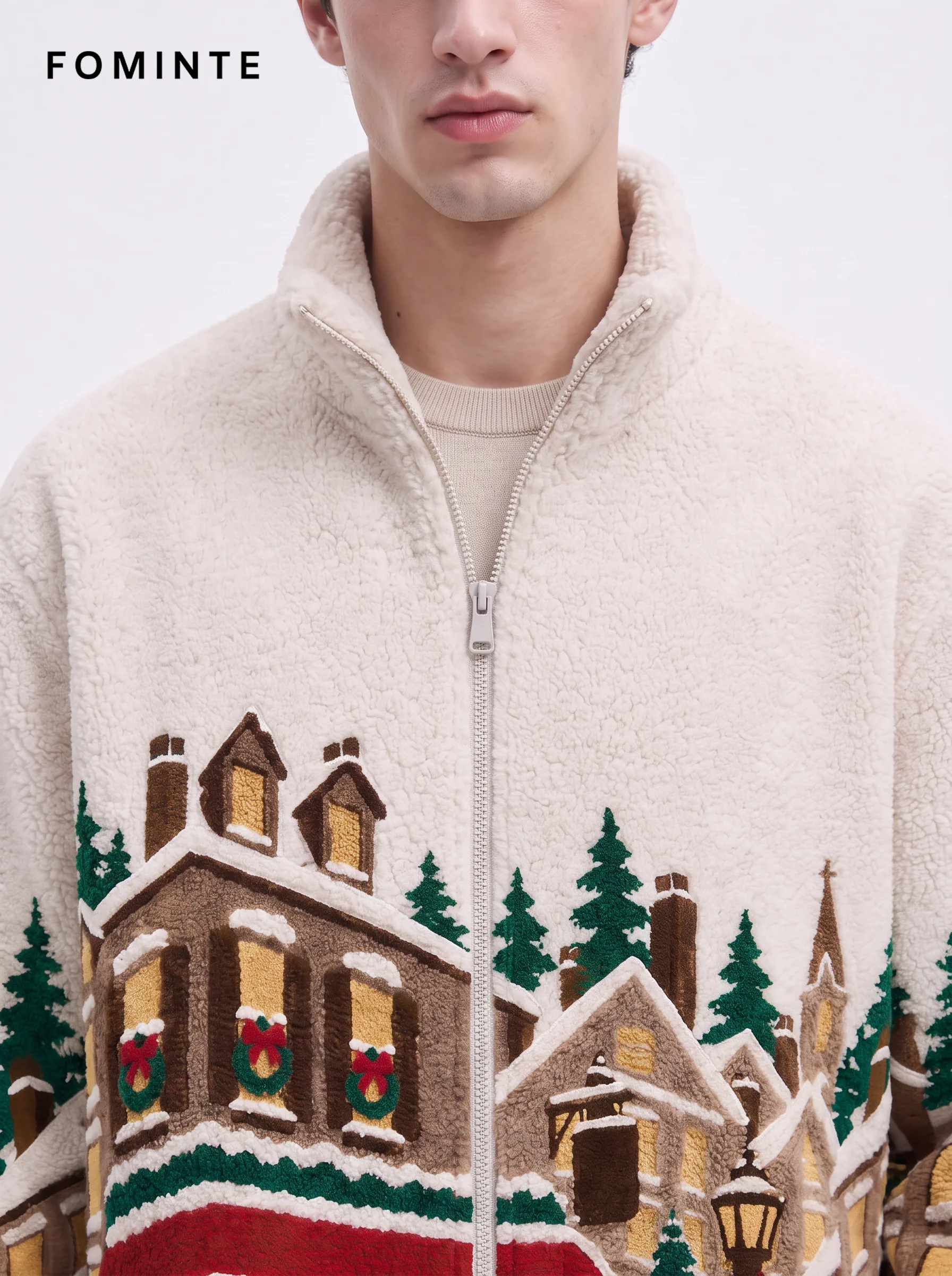 European Winter Town Jacquard Sherpa Fleece Jacket