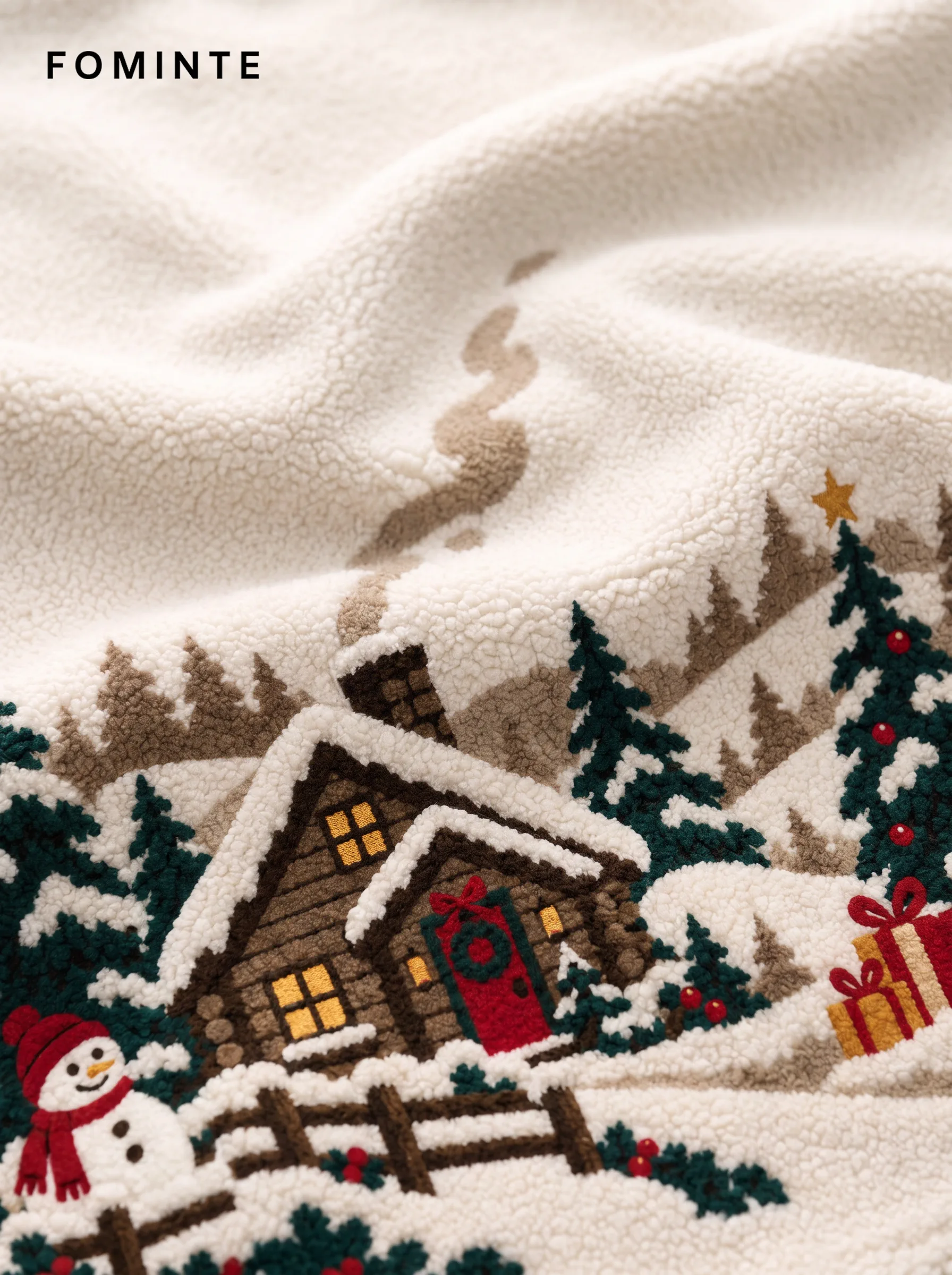 Alpine Cabin and Snowman Holiday Sherpa Fleece Jacket