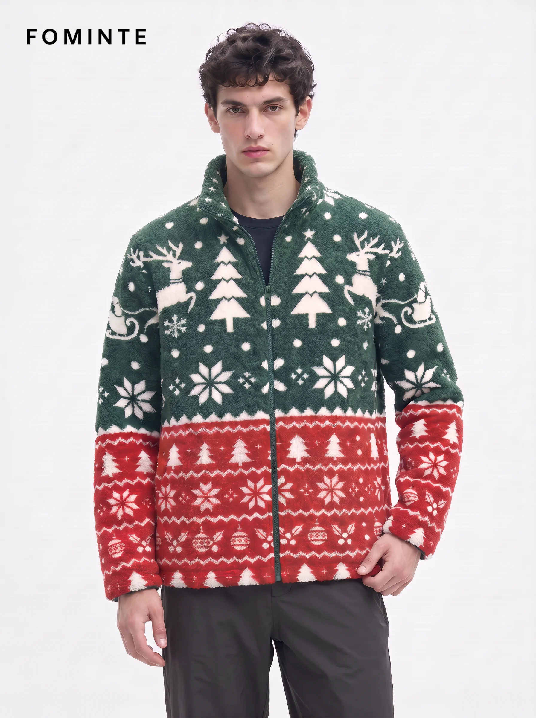 Festive Fair Isle Reindeer and Sleigh Holiday Sherpa Jacket
