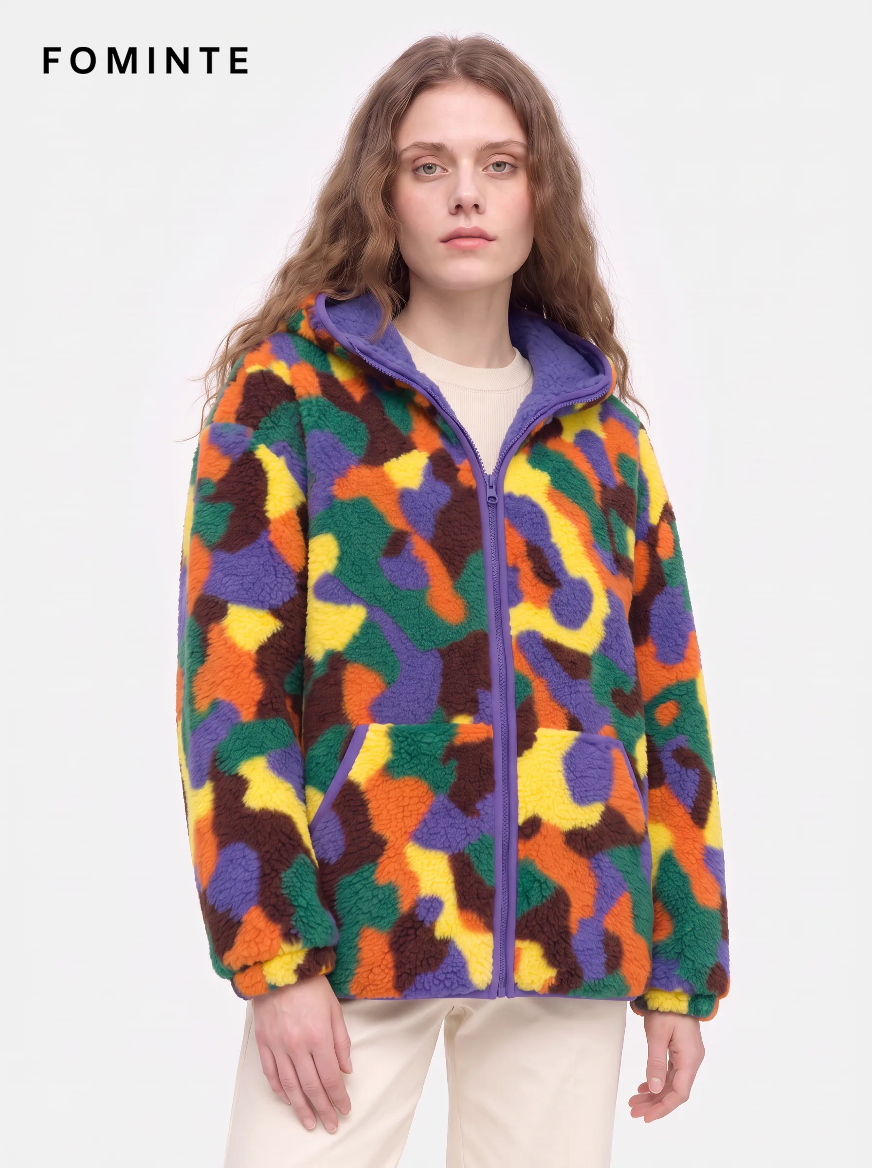 Vibrant Abstract Street Camo Hooded Sherpa Fleece Jacket