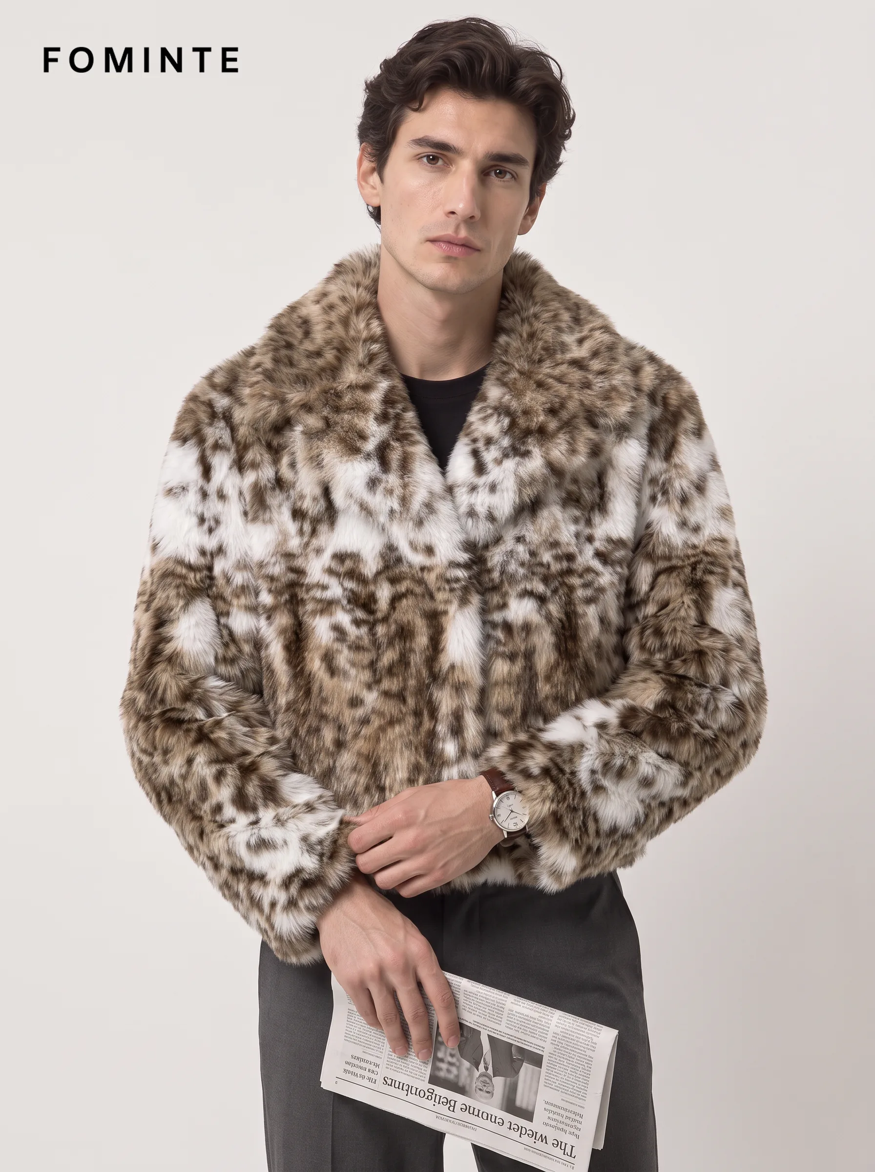 Ivory Tiger-Inspired Shawl Collar Faux Fur Jacket