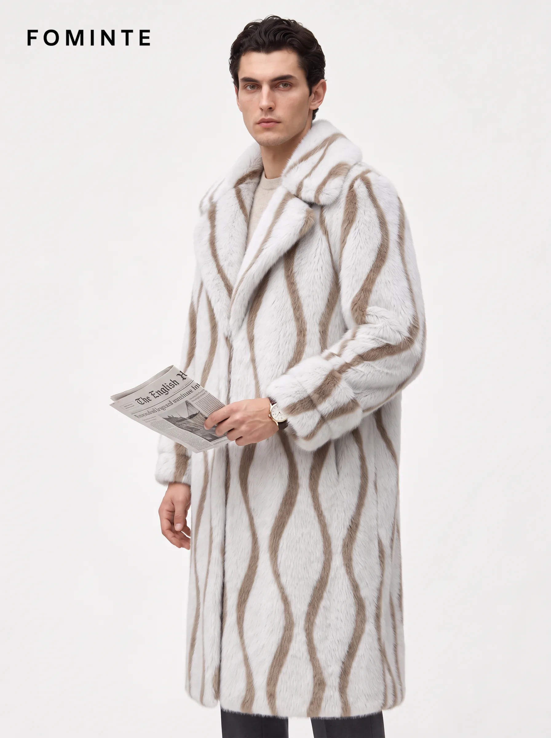 Cream and Dove Grey Striped Lapel Faux Fur Coat