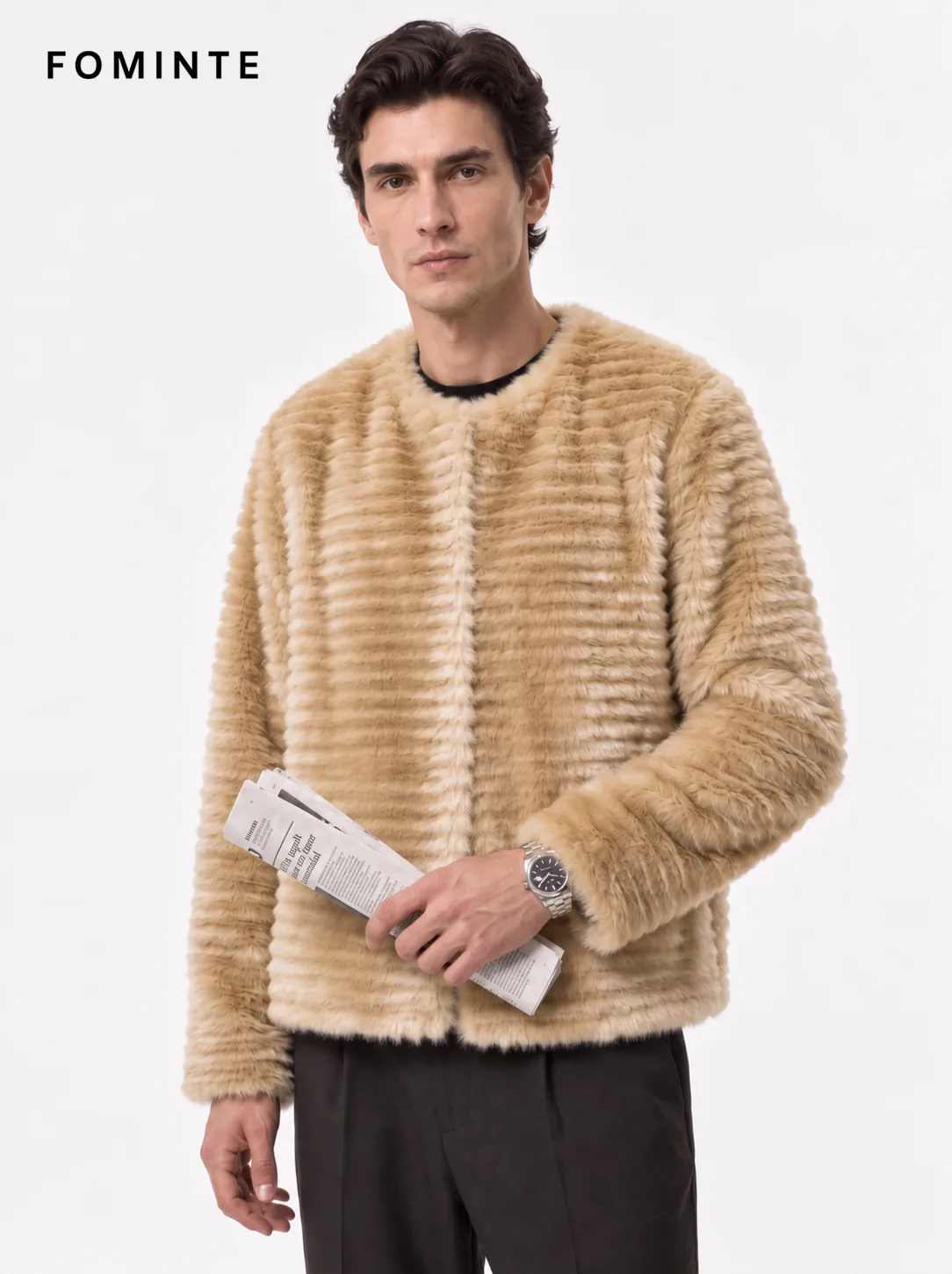 Golden Caramel Stand Collar Plush Faux Fur Jacket