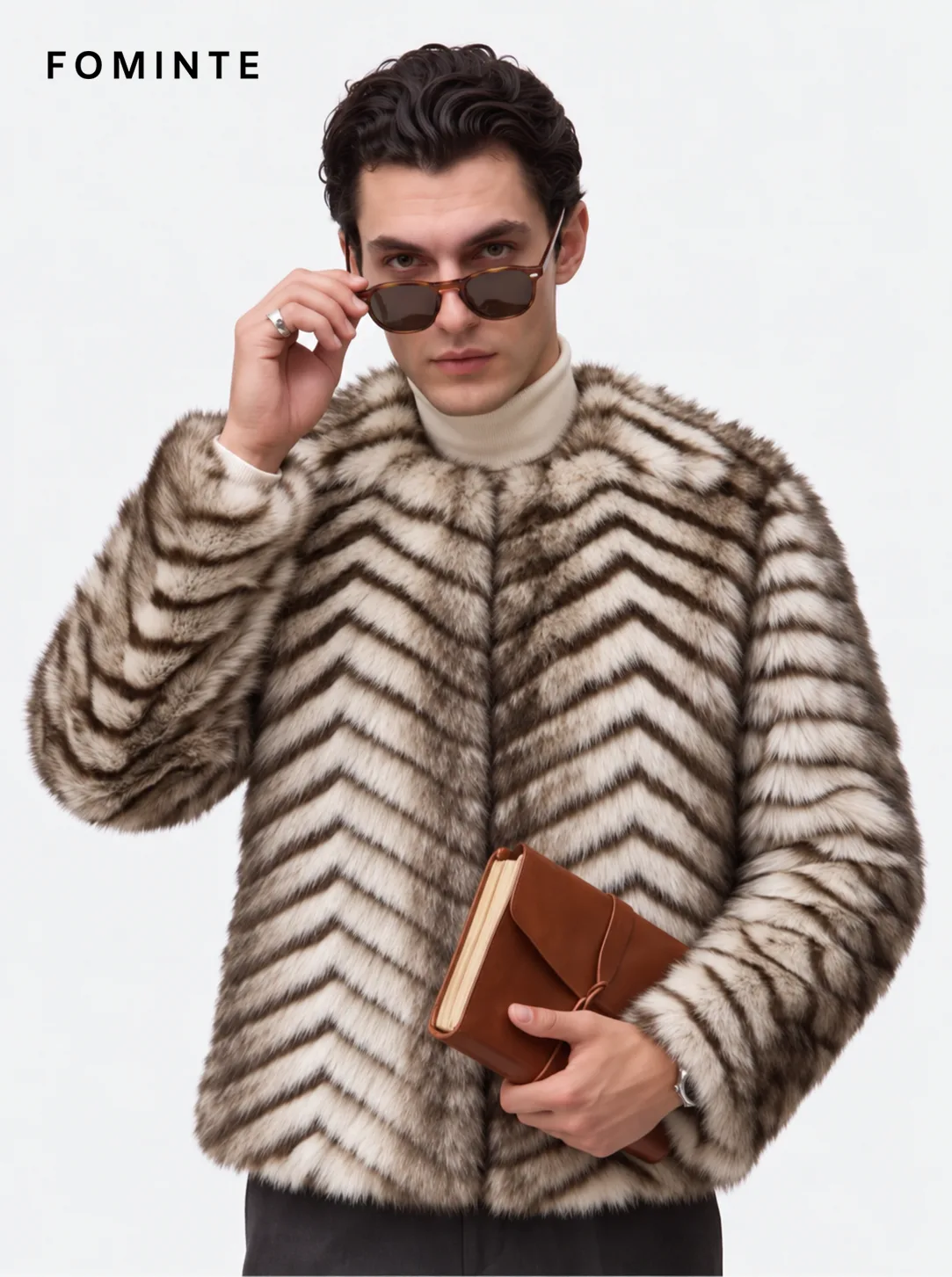 Ivory and Camel Wave Ripple Patterned Faux Fur Jacket
