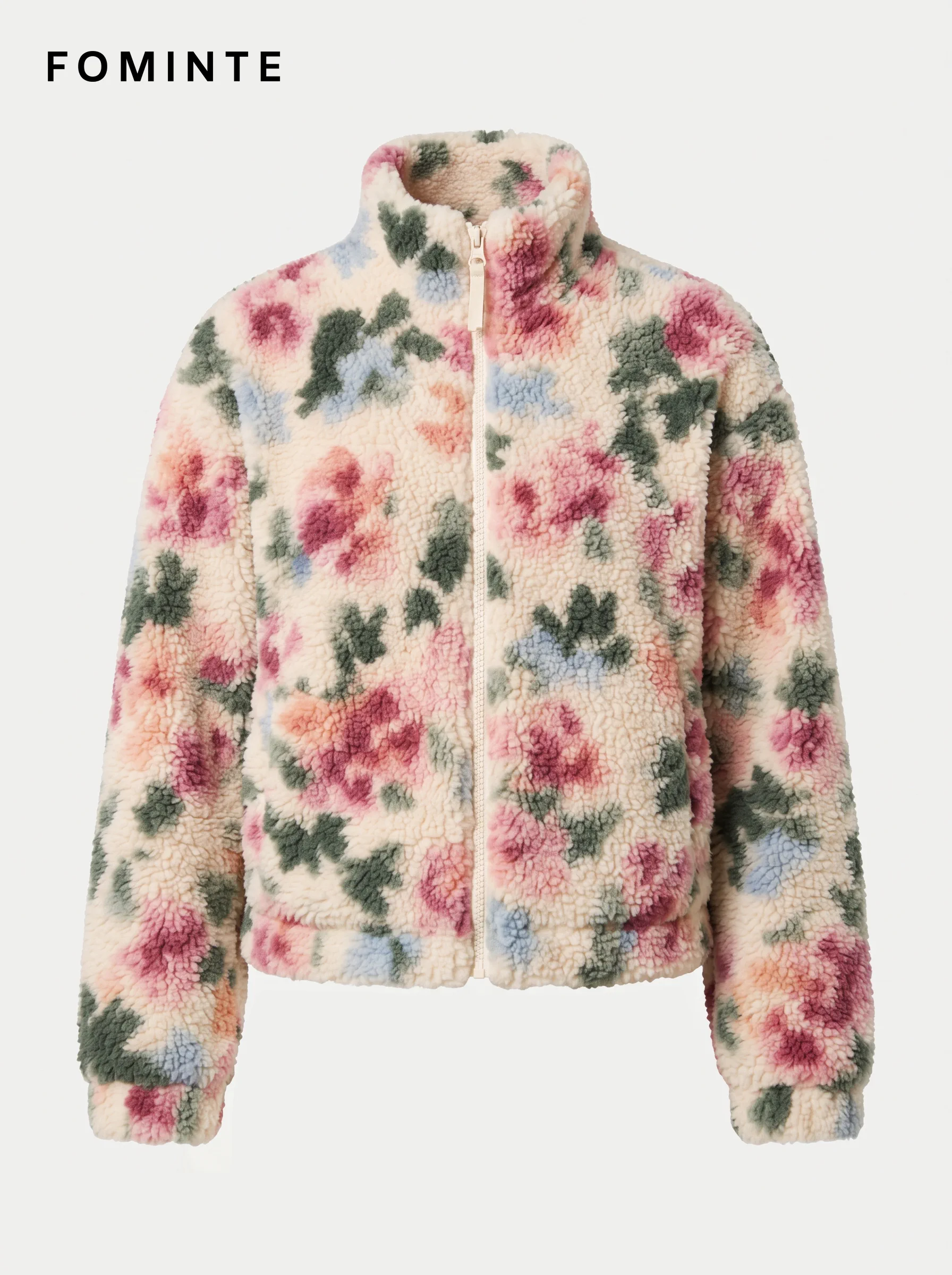 Ivory Pink Floral Full-Zip Fleece Jacket