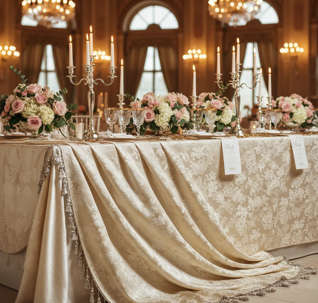 A stunning, full-width hero image of a beautifully designed, opulent event table. The focus is on the texture and drape of the luxurious tablecloth
