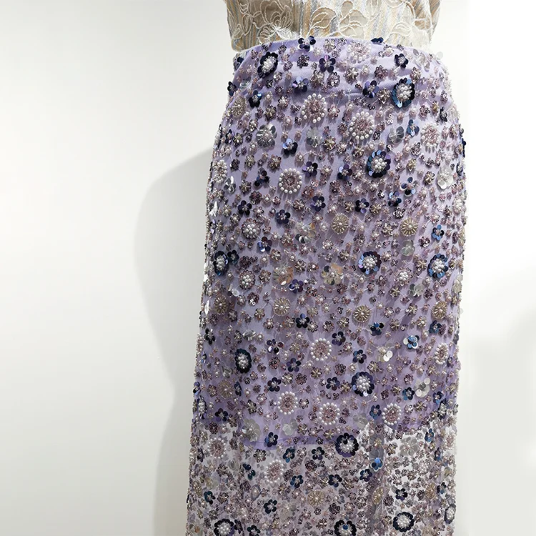 Hand-Beaded Floral Tulle Fabric (130cm) - BT00003