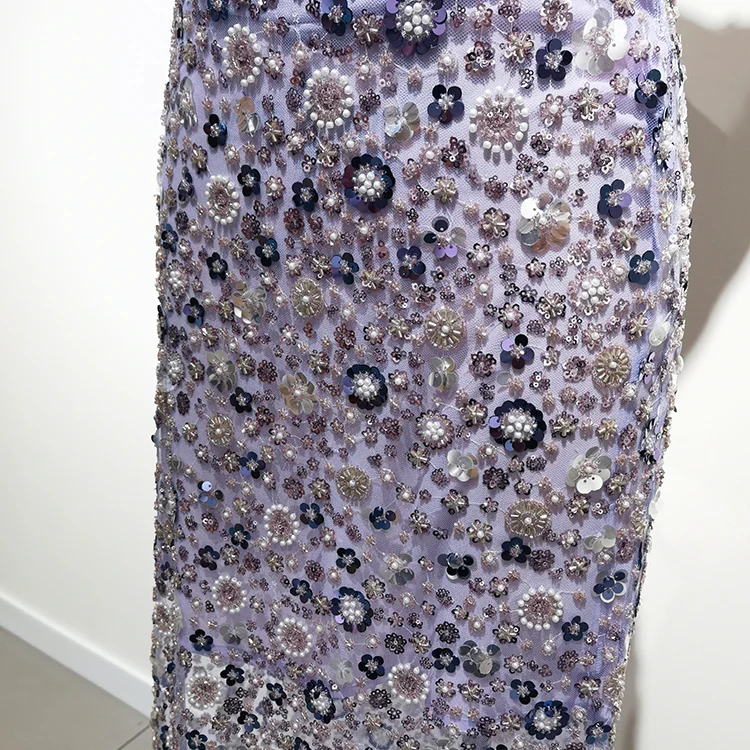 Hand-Beaded Floral Tulle Fabric (130cm) - BT00003