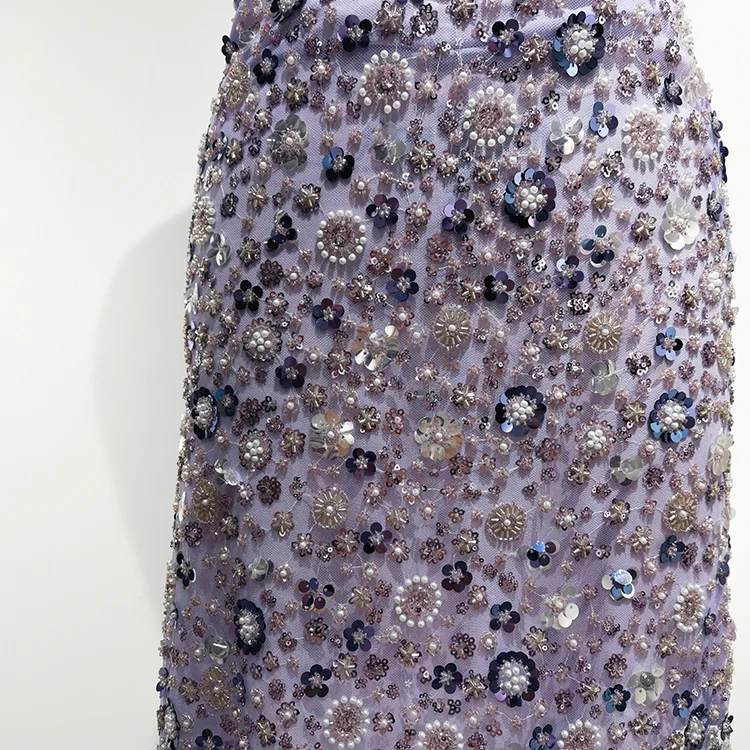 Hand-Beaded Floral Tulle Fabric (130cm) - BT00003