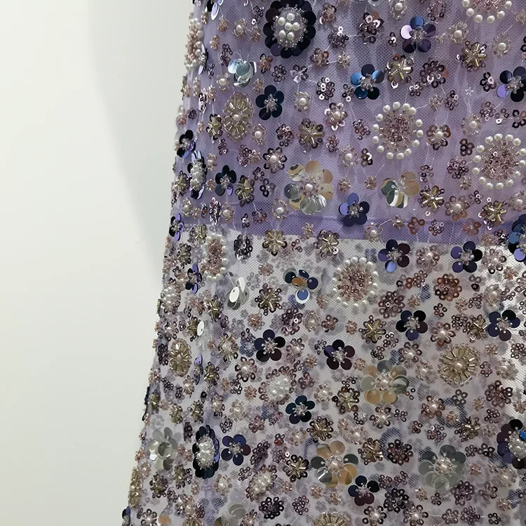 Hand-Beaded Floral Tulle Fabric (130cm) - BT00003