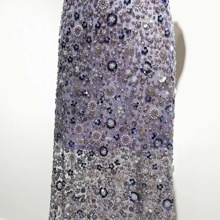 Hand-Beaded Floral Tulle Fabric (130cm) - BT00003