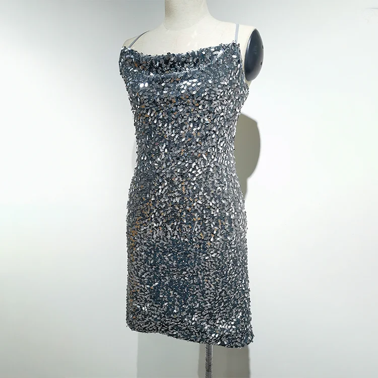 Liquid Silver Sequin Cowl Neck Mini Dress - BTUR740001