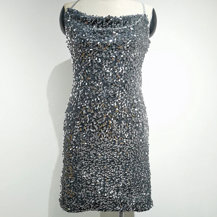 Liquid Silver Sequin Cowl Neck Mini Dress - BTUR740001