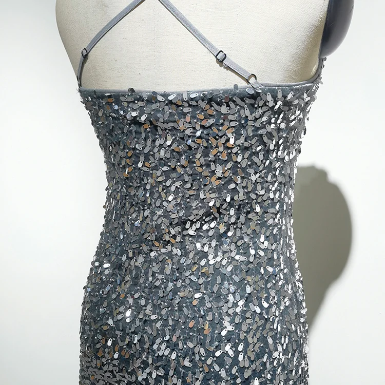 Liquid Silver Sequin Cowl Neck Mini Dress - BTUR740001