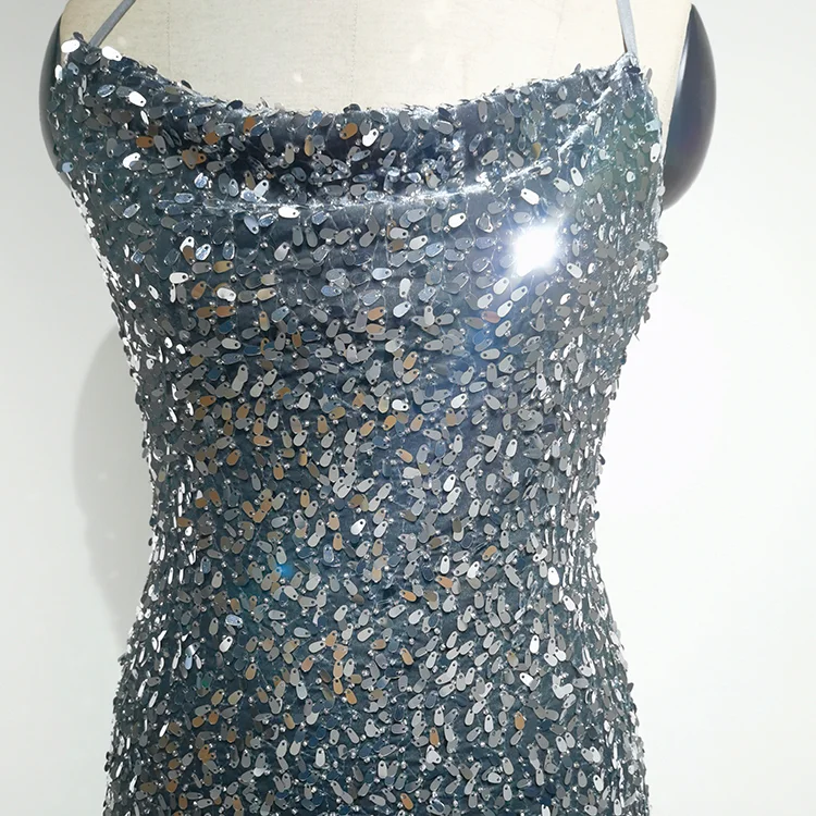 Liquid Silver Sequin Cowl Neck Mini Dress - BTUR740001