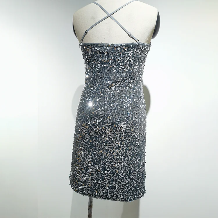 Liquid Silver Sequin Cowl Neck Mini Dress - BTUR740001