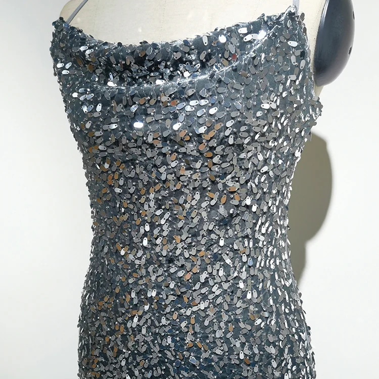 Liquid Silver Sequin Cowl Neck Mini Dress - BTUR740001