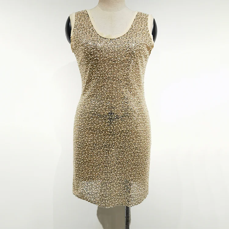 Champagne Sequin & Pearl Beaded Mini Dress - BTZA4786-2