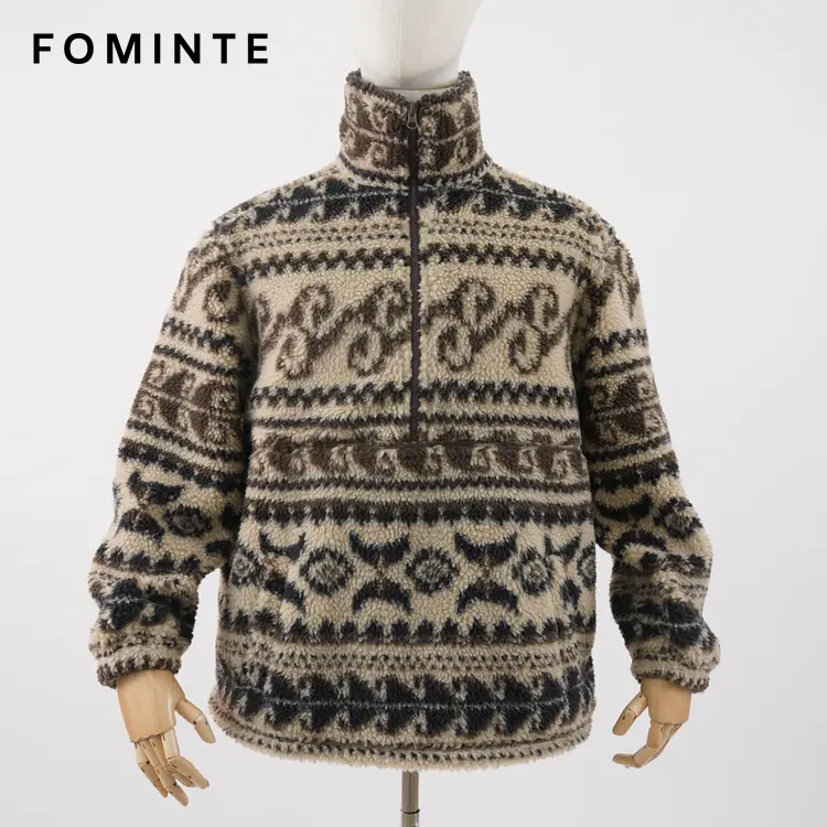 Vintage Paisley Print Half-Zip Sherpa Fleece Jacket