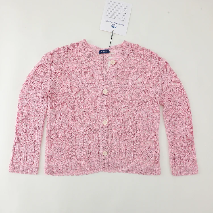 Marled Pink Floral Patchwork Crochet Cardigan - FM0102000040