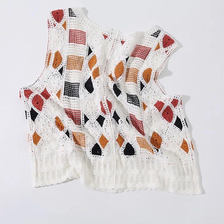 Geo Patchwork Crochet Button-Up Vest - FM0102000148
