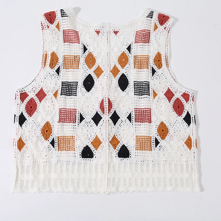 Geo Patchwork Crochet Button-Up Vest - FM0102000148