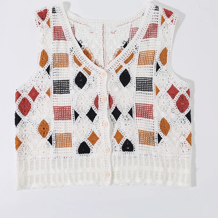 Geo Patchwork Crochet Button-Up Vest - FM0102000148