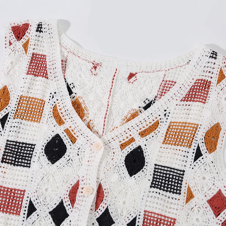 Geo Patchwork Crochet Button-Up Vest - FM0102000148