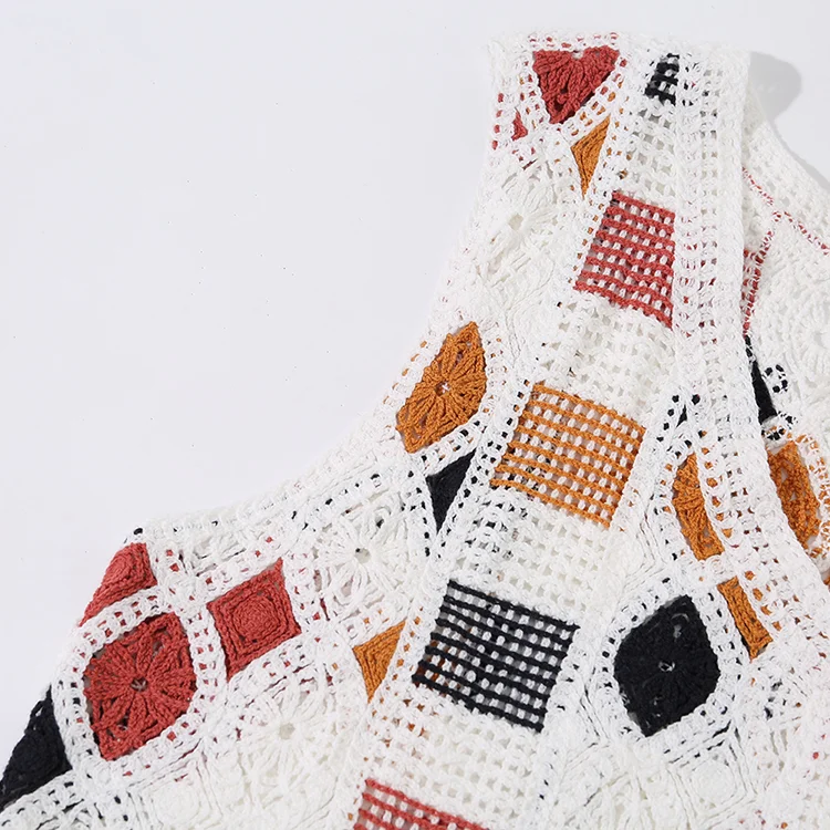 Geo Patchwork Crochet Button-Up Vest - FM0102000148