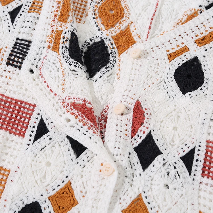 Geo Patchwork Crochet Button-Up Vest - FM0102000148