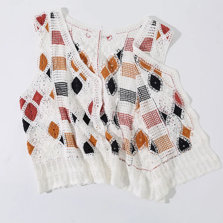 Geo Patchwork Crochet Button-Up Vest - FM0102000148