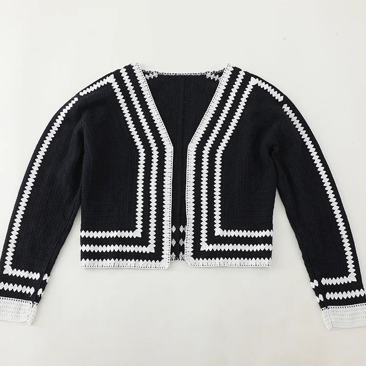Graphic Contrast Crochet Crop Cardigan - FM0102000150