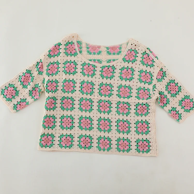 Geo Patchwork Crochet Crop Sweater - FM0102000156