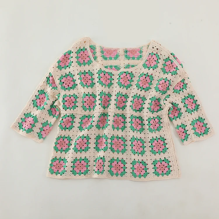 Geo Patchwork Crochet Crop Sweater - FM0102000156