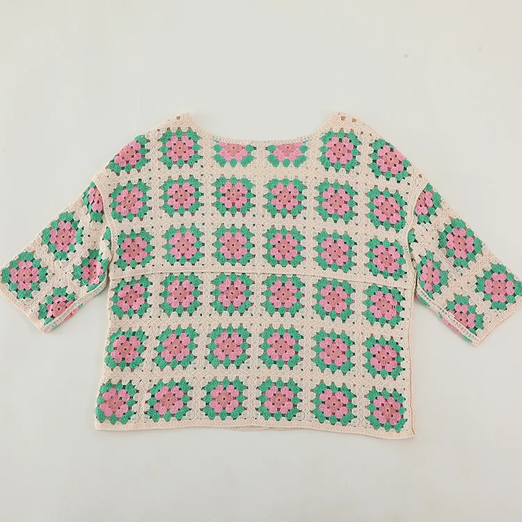 Geo Patchwork Crochet Crop Sweater - FM0102000156