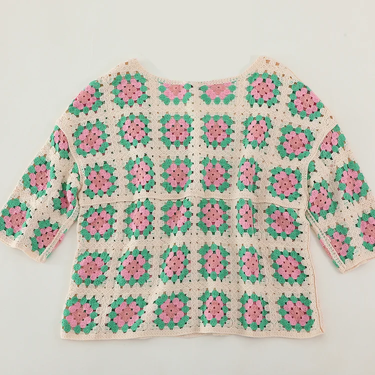 Geo Patchwork Crochet Crop Sweater - FM0102000156