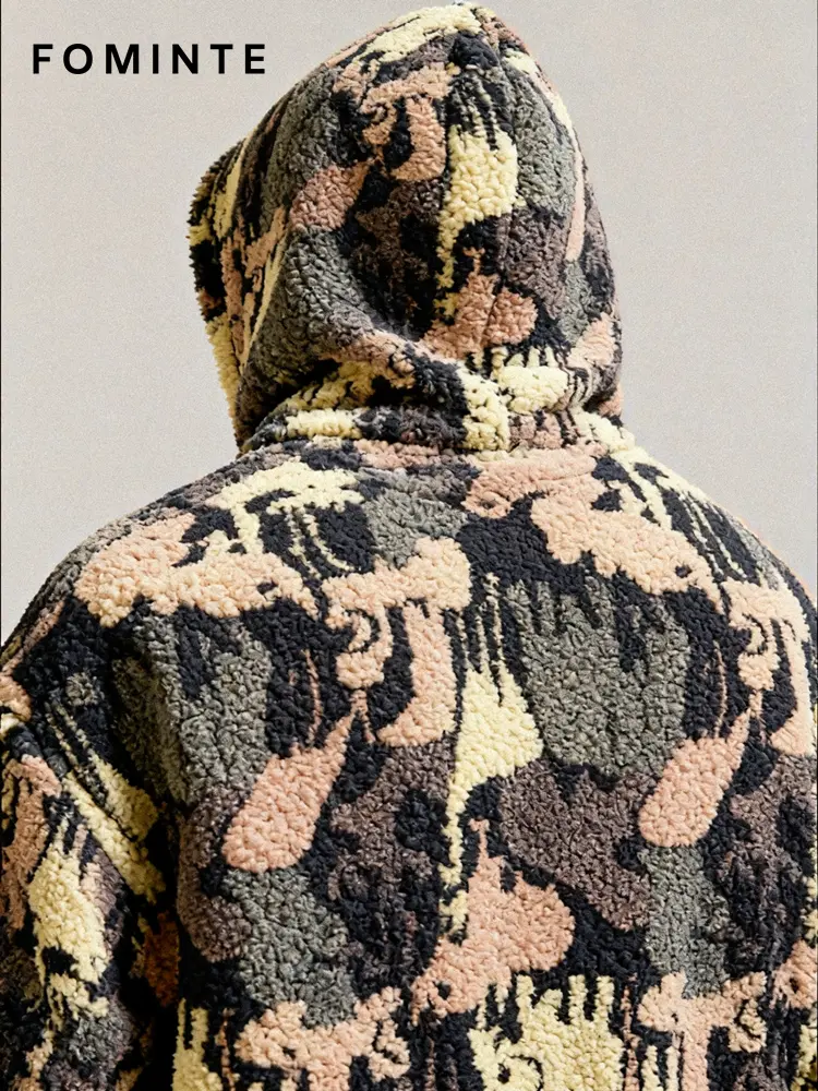 Multi-Color Camo Print Oversized Sherpa Fleece Hoodie
