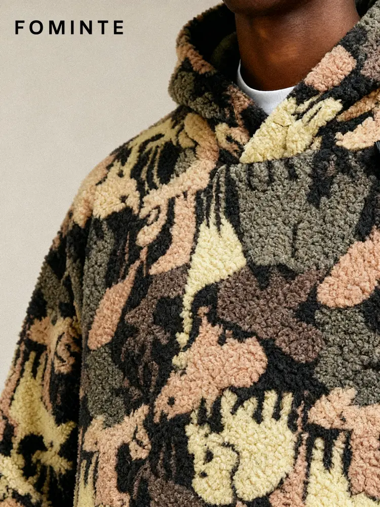 Multi-Color Camo Print Oversized Sherpa Fleece Hoodie