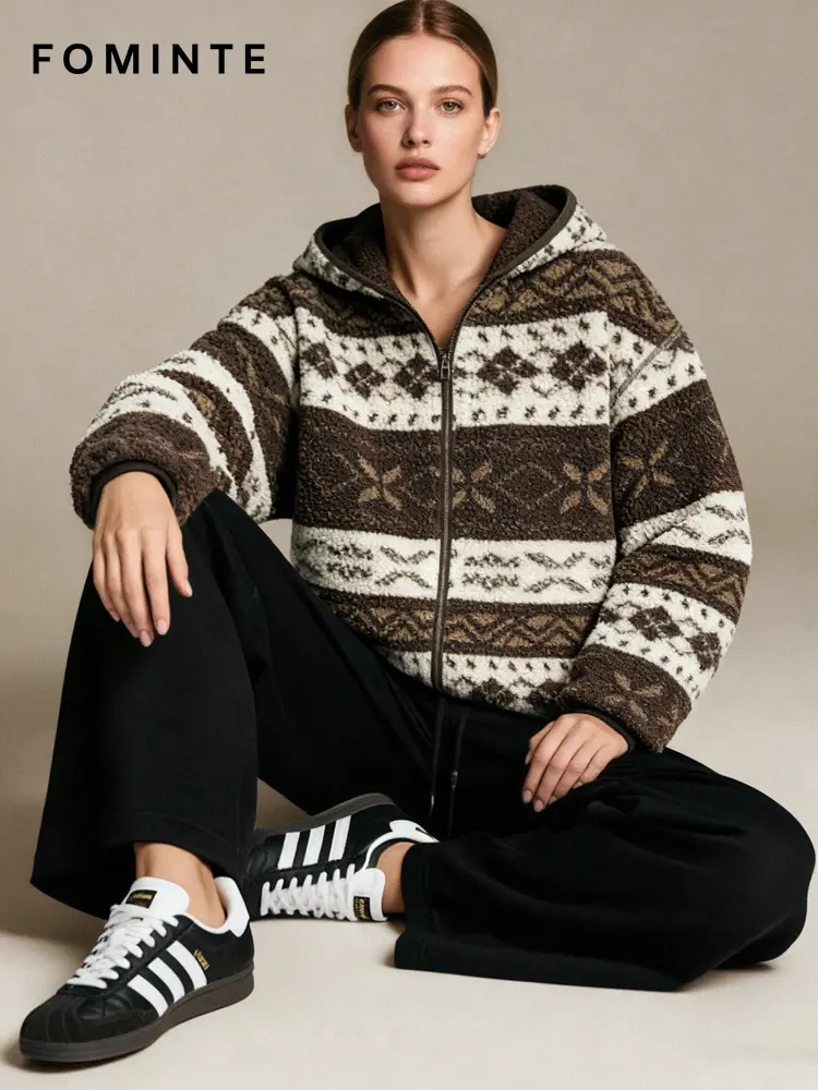Nordic Fair Isle Hooded Sherpa Fleece Jacket