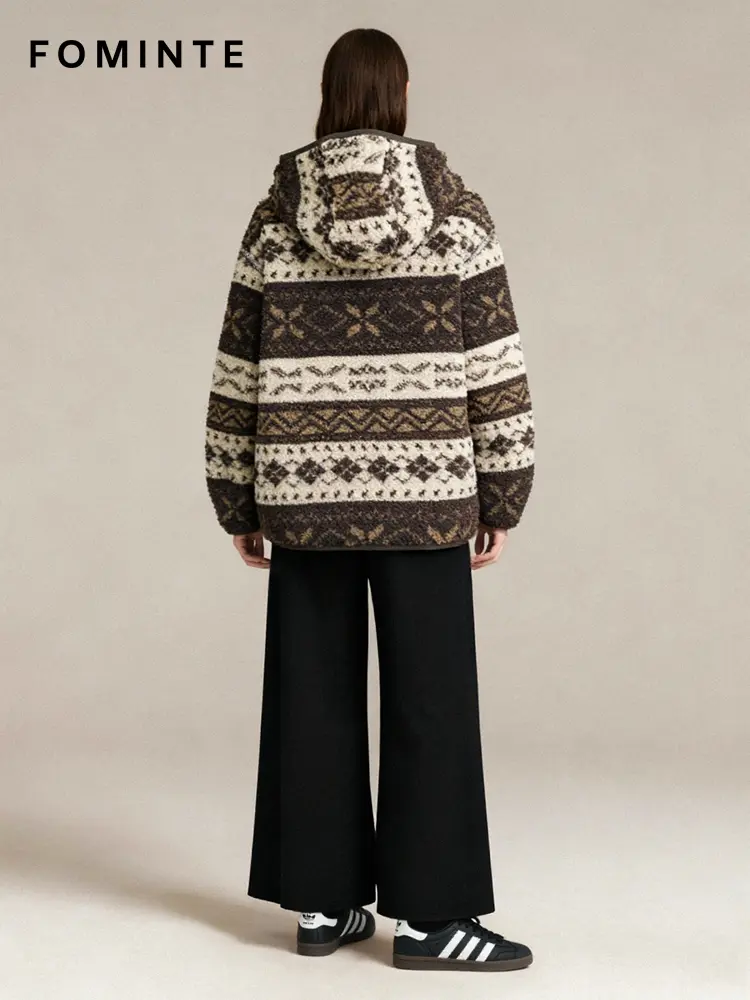 Nordic Fair Isle Hooded Sherpa Fleece Jacket