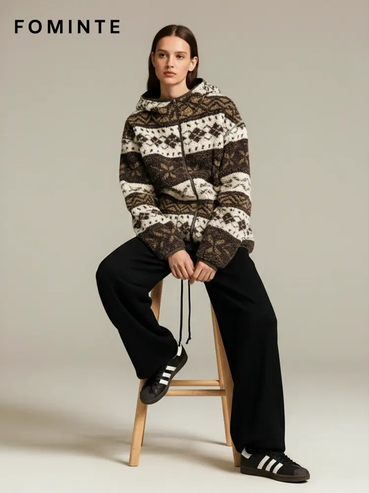 Nordic Fair Isle Hooded Sherpa Fleece Jacket