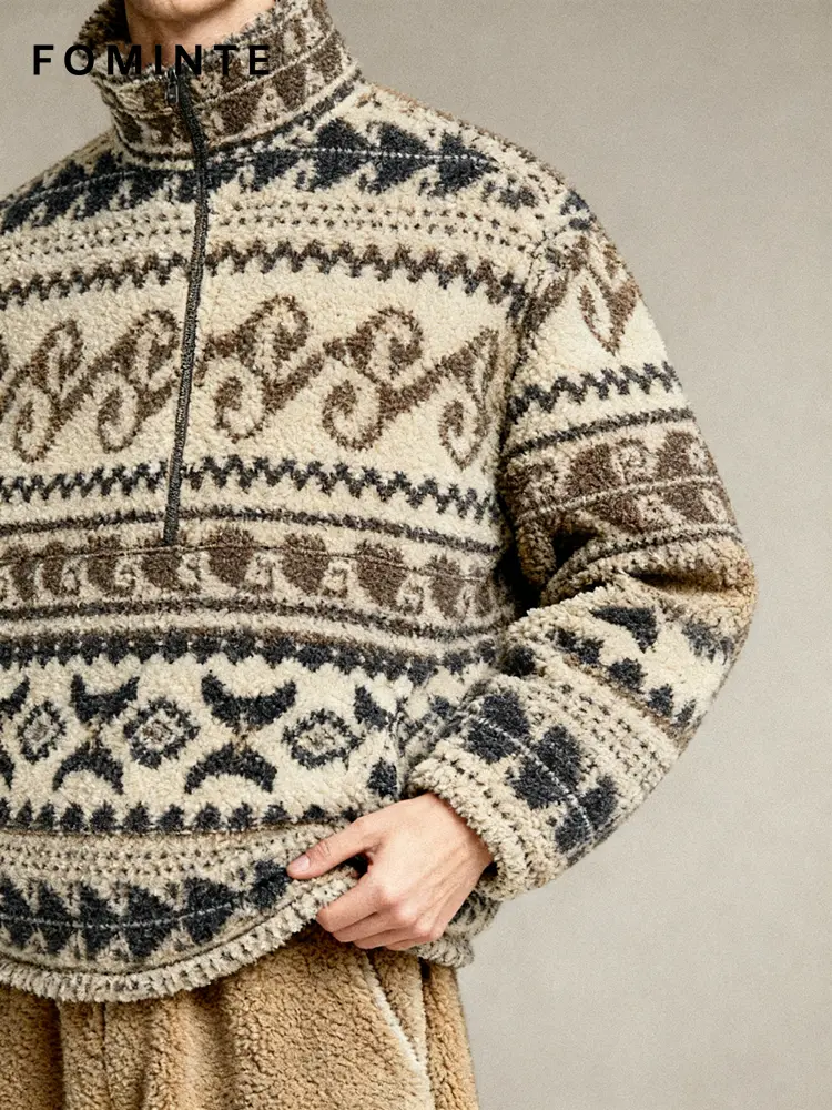 Vintage Paisley Print Half-Zip Sherpa Fleece Jacket