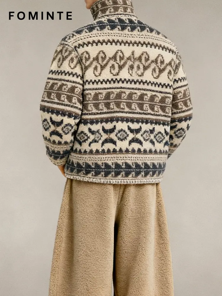 Vintage Paisley Print Half-Zip Sherpa Fleece Jacket