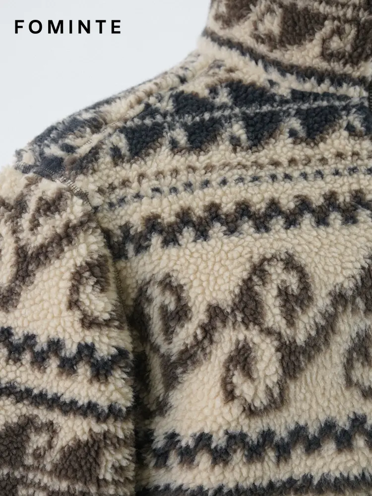 Vintage Paisley Print Half-Zip Sherpa Fleece Jacket