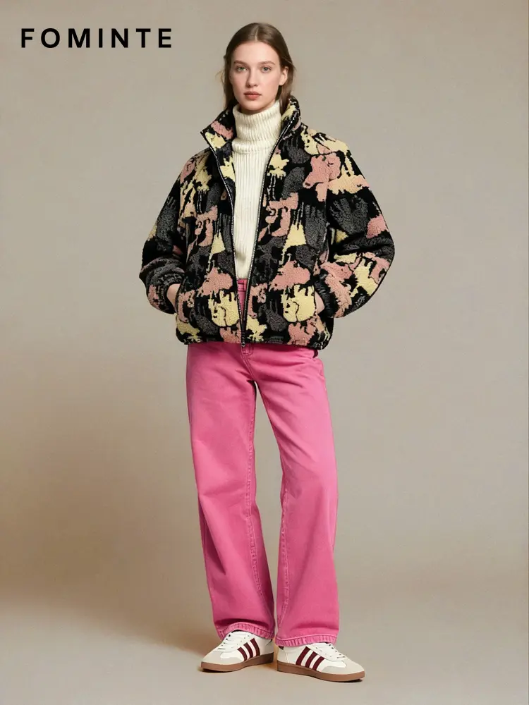 Abstract Camo Print Full-Zip Sherpa Fleece Jacket