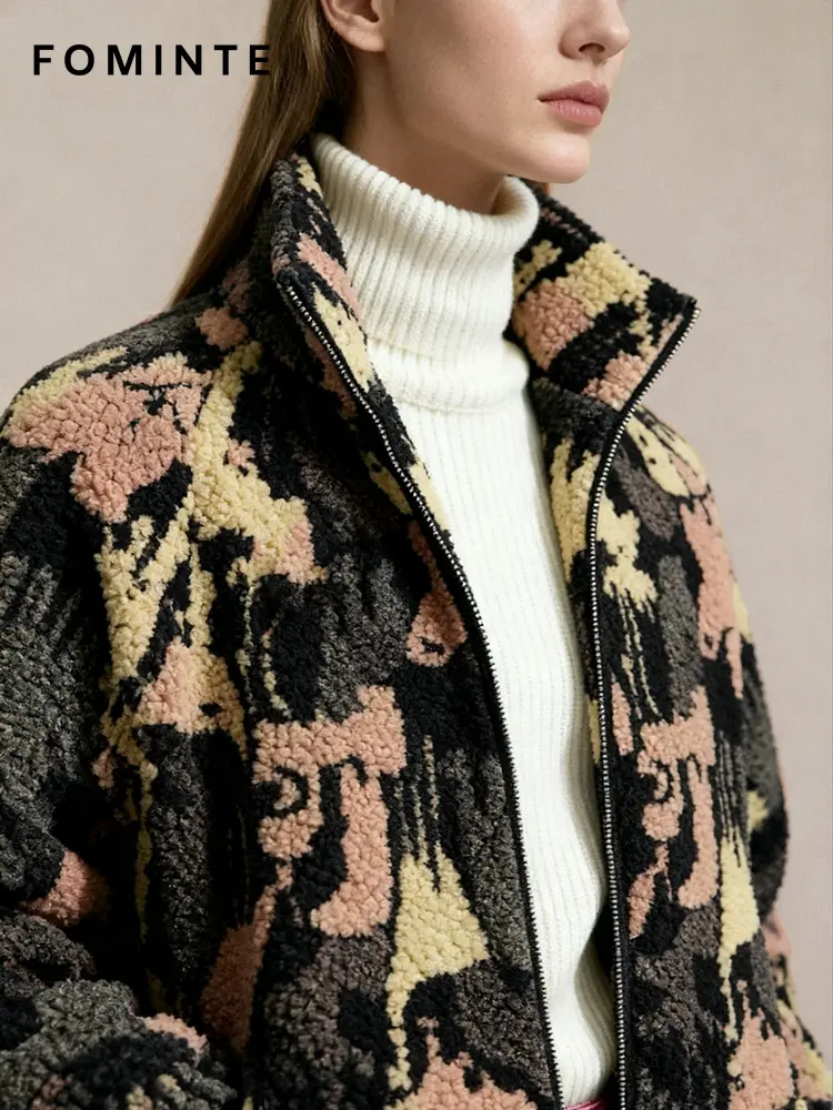 Abstract Camo Print Full-Zip Sherpa Fleece Jacket