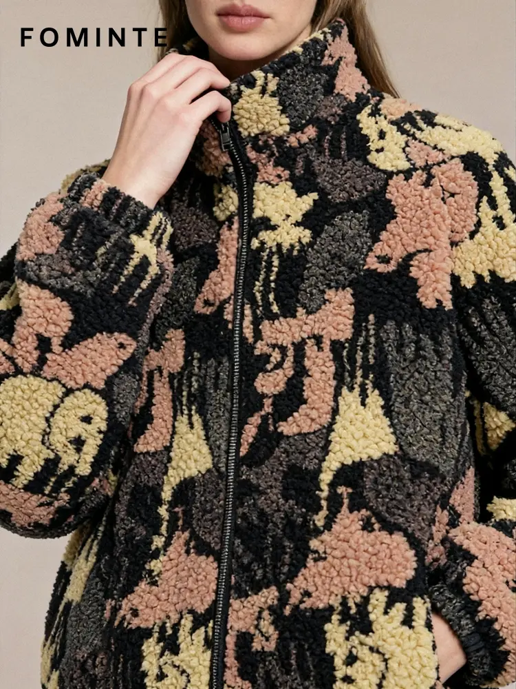 Abstract Camo Print Full-Zip Sherpa Fleece Jacket